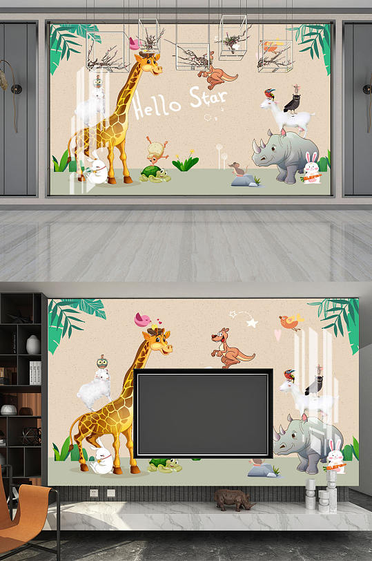 卡通电视机背景墙-众图网