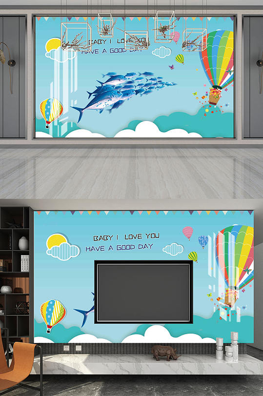 卡通鱼群电视机背景墙-众图网