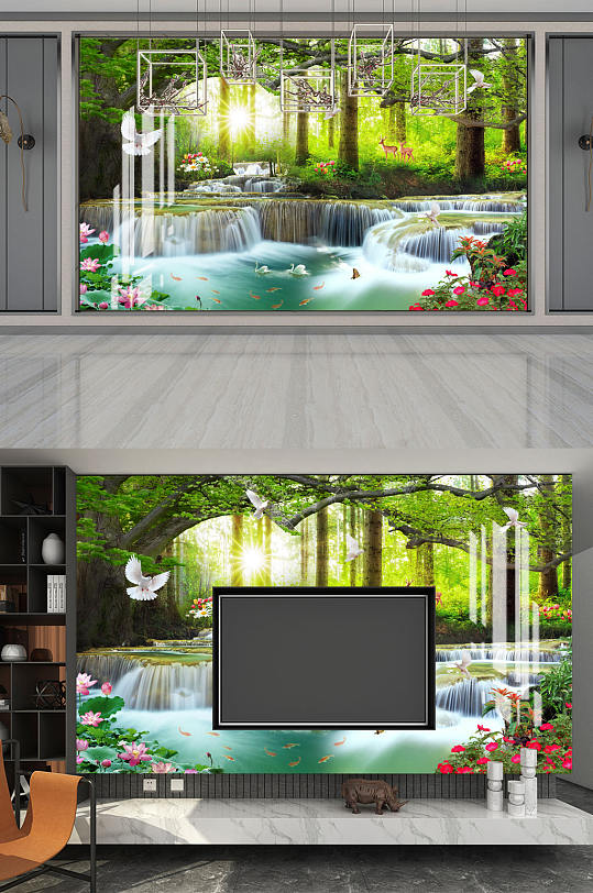 山水画树鹿背景墙-众图网