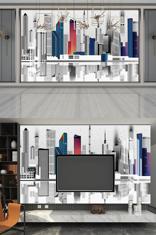 城市高楼倒影背景墙-众图网