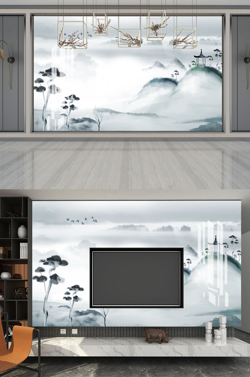水墨画亭树背景墙素材