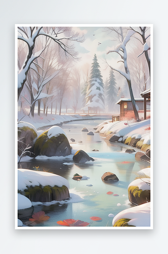 山中小溪白雪风景插画图片