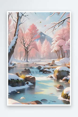 山中小溪覆雪风景插画图片