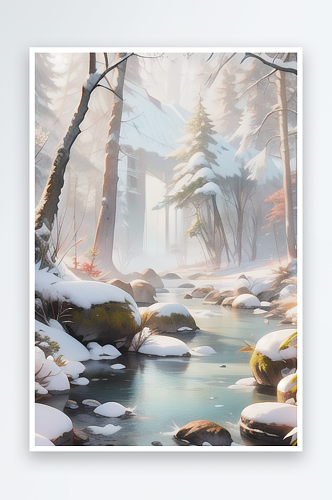 山中小溪覆雪风景插画图片