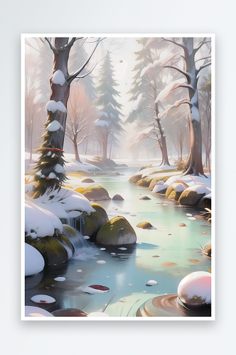 山中小溪树木覆雪风景插画图片