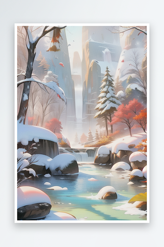 山中小溪树木覆雪风景插画图片