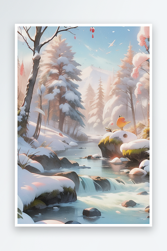 山中小溪树木冬景插画图片