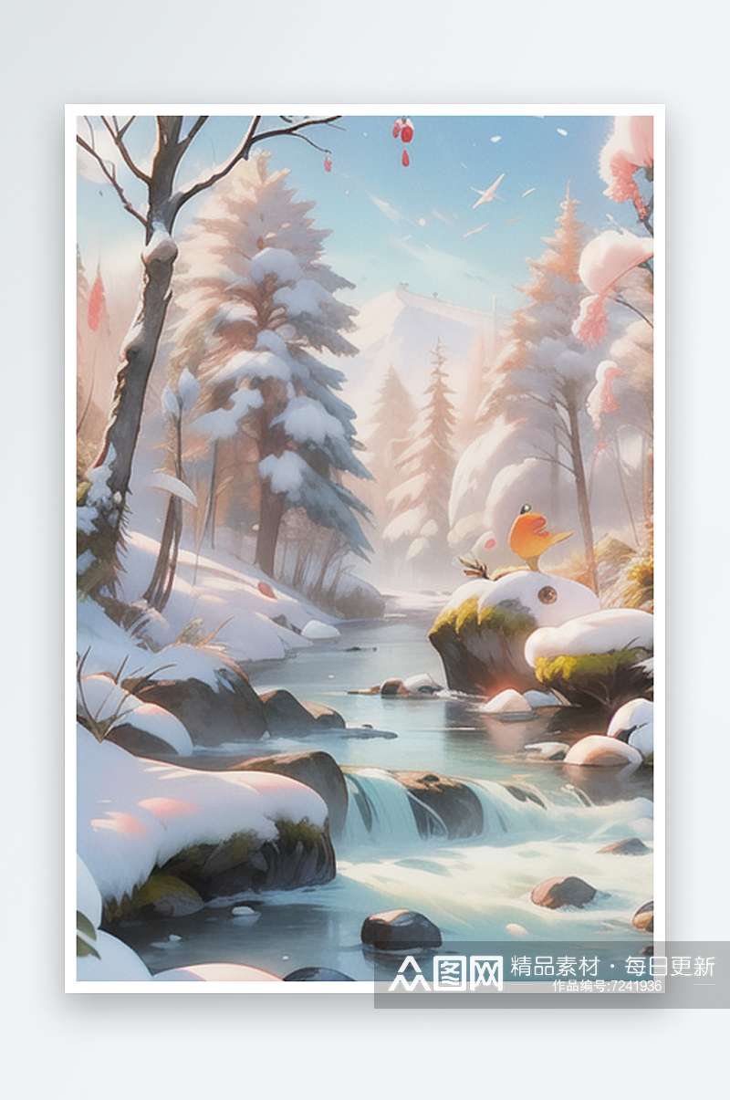 山中小溪树木冬景插画图片素材