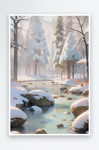 山中小溪树木冬景插画图片