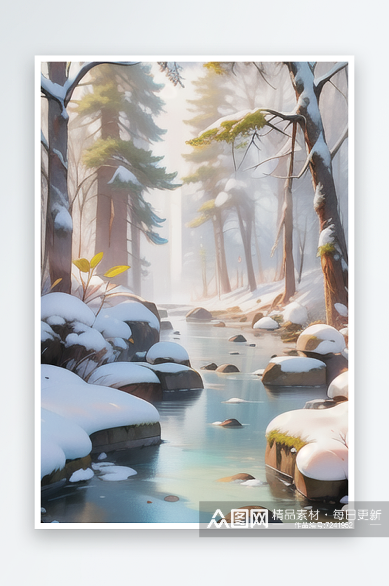 小溪树木山中冬景插画图片素材
