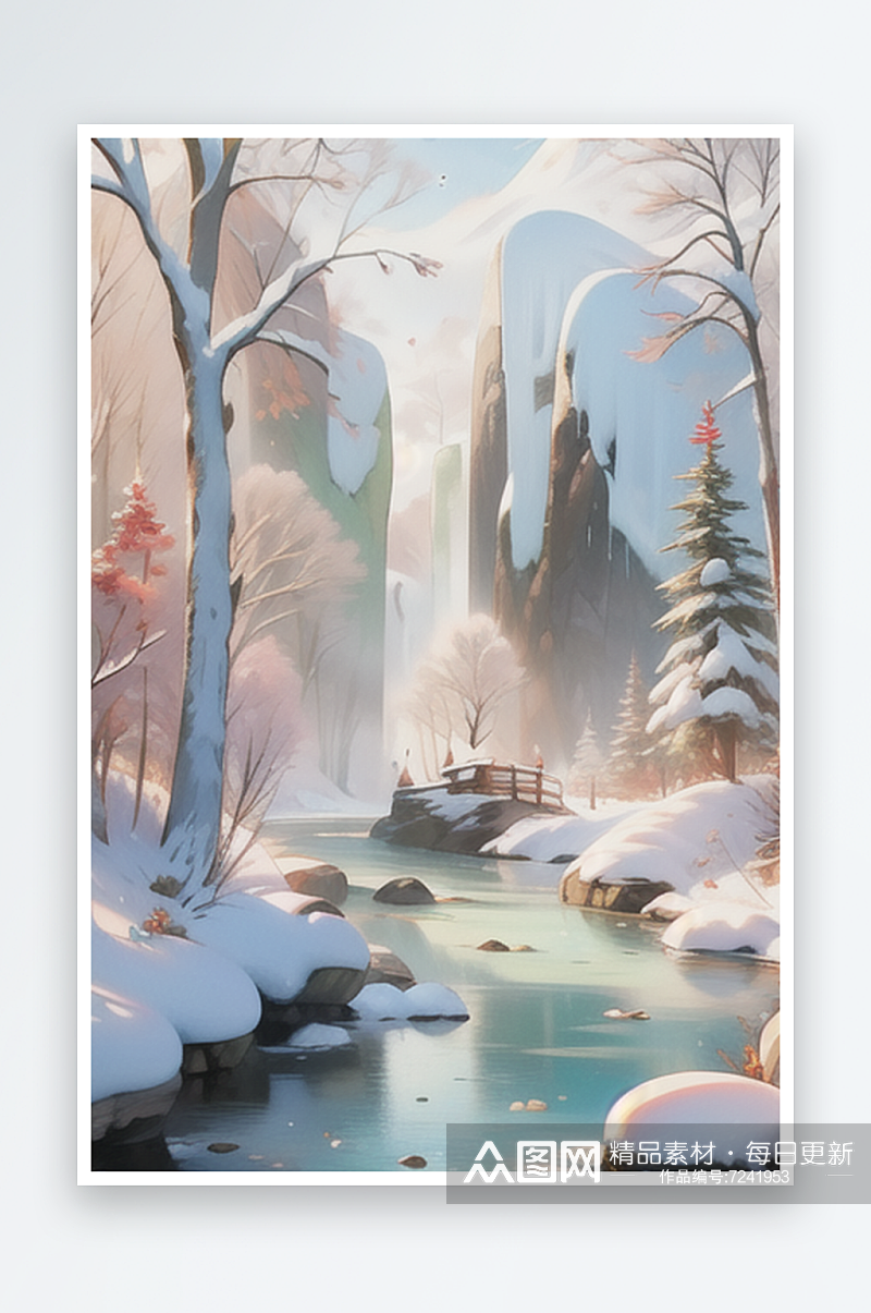 小溪树木山中冬景插画图片素材