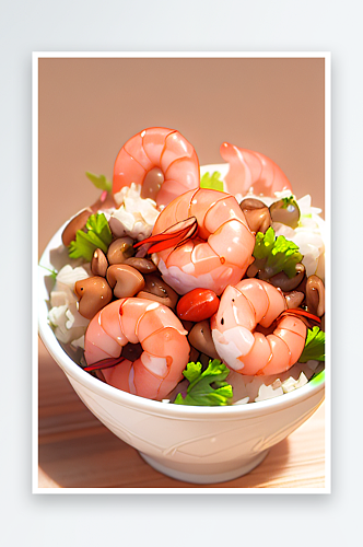 一碗虾肉海鲜拌饭小吃