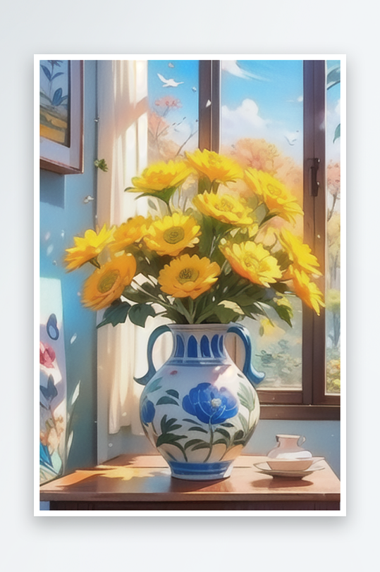 一瓶窗前菊花系列图