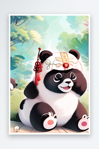 卡通山中熊猫植物风景图