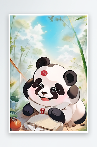 卡通山中熊猫植物风景图