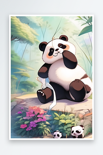 卡通山中植物熊猫风景图