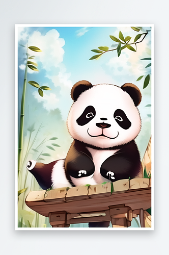 卡通山中植物熊猫风景图