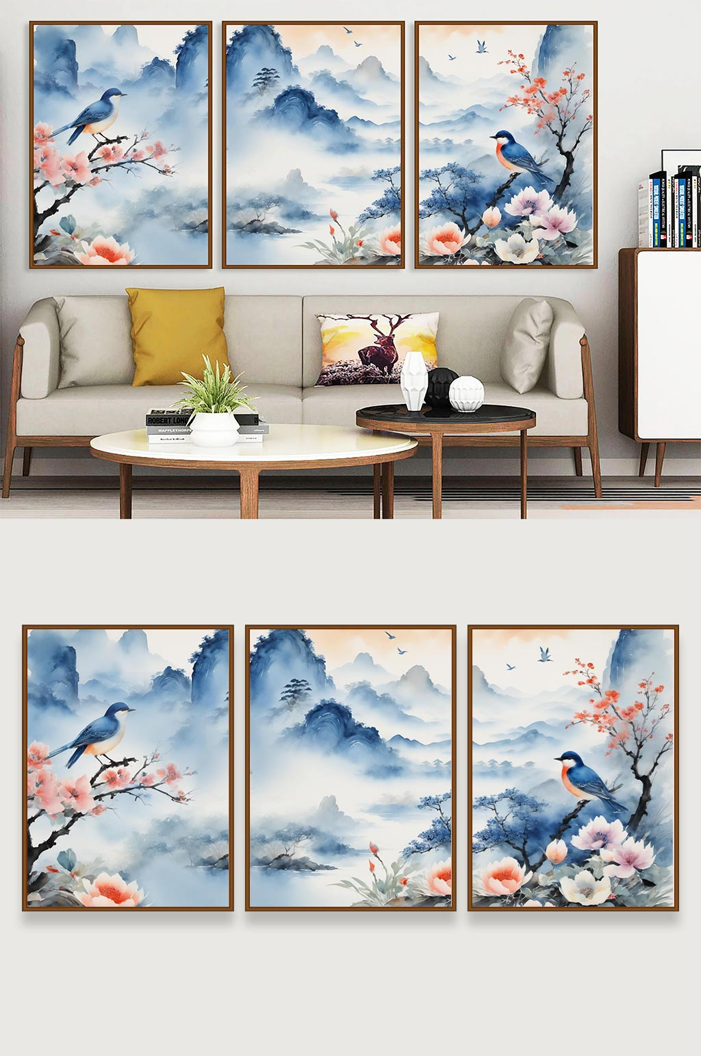 花鸟三联系列分层中国风新中式装饰画素材