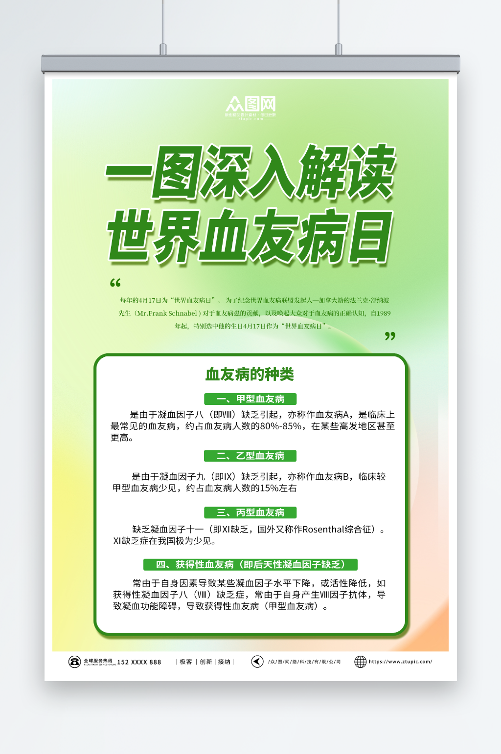 浅绿色世界血友病日医疗科普海报素材