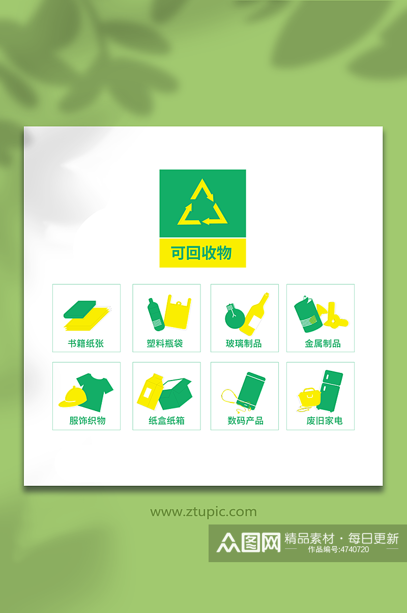 黄绿配色矢量垃圾分类图标元素插画素材