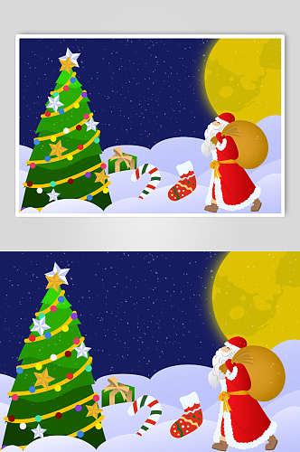 蓝底圣诞树和走路矢量圣诞老人人物插画
