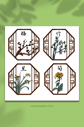 古风边框梅兰竹菊植物元素插画