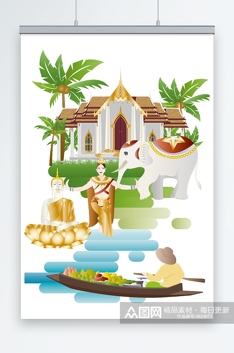 卡通大象泰国建筑旅游风光插画素材