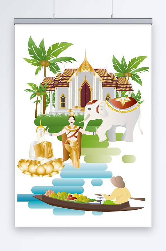 卡通大象泰国建筑旅游风光插画