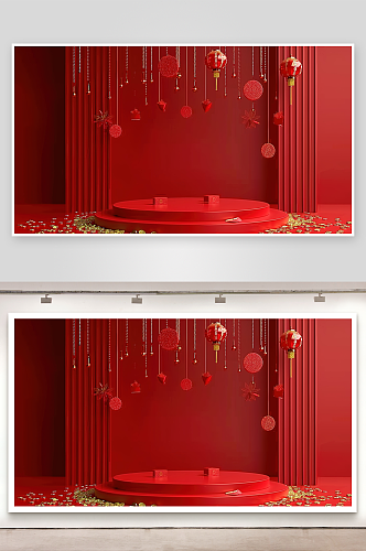 展台首页立体三维电商广告红色背景空间舞台
