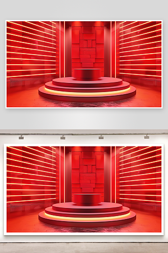 首页三维电商立体广告舞台空间展台红色背景
