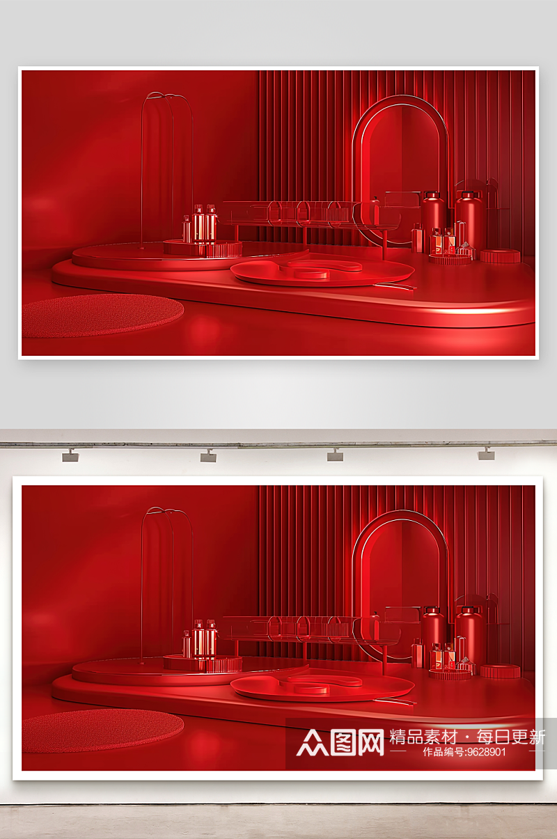 三维红色电商高清广告立体舞台展台背景素材