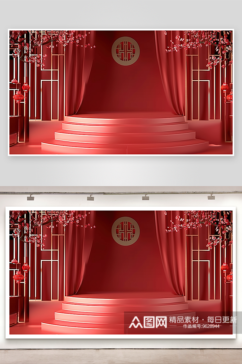 立体展台红色广告电商背景高清三维舞台素材