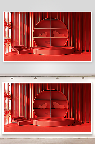 立体广告电商空间三维展台舞台首页红色背景