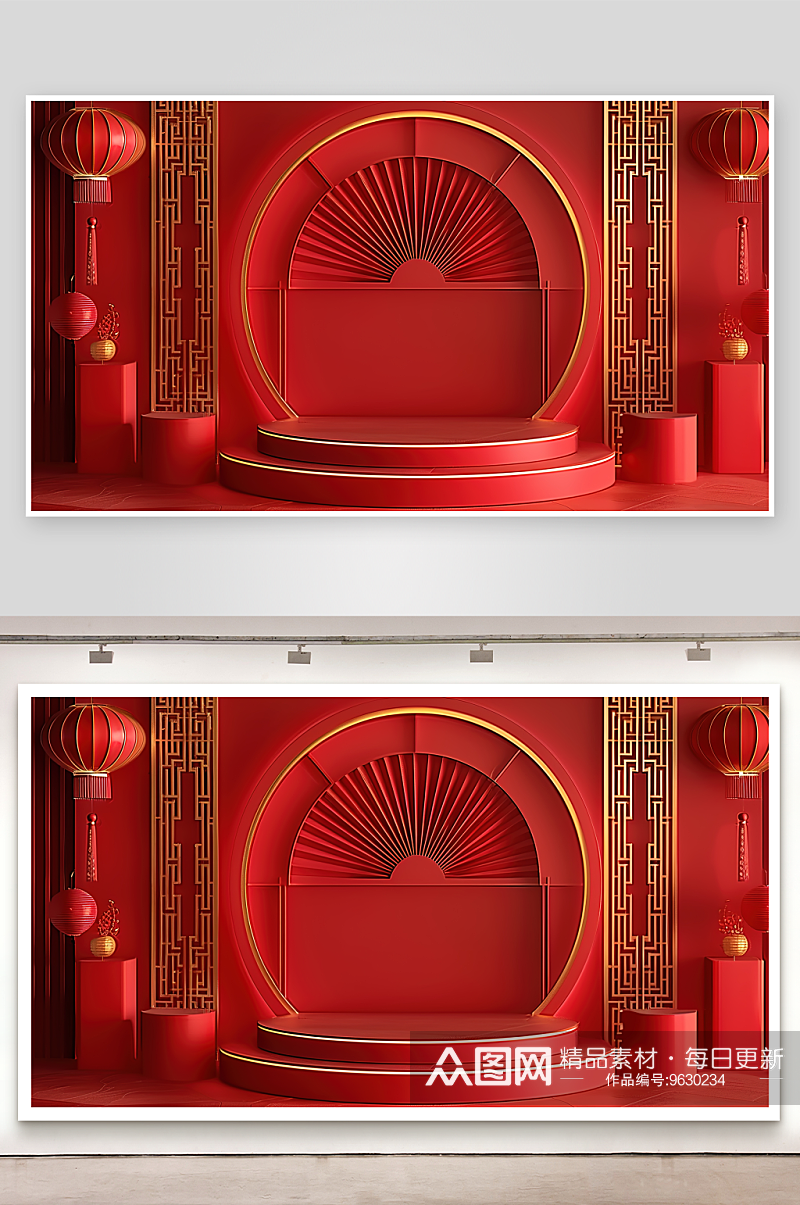 红色电商背景高清广告舞台展台三维立体素材