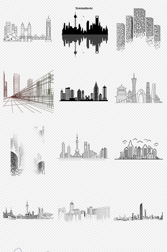 线描城市房子建筑png免抠素材中国风江南古风水墨徽派建筑png免抠素材
