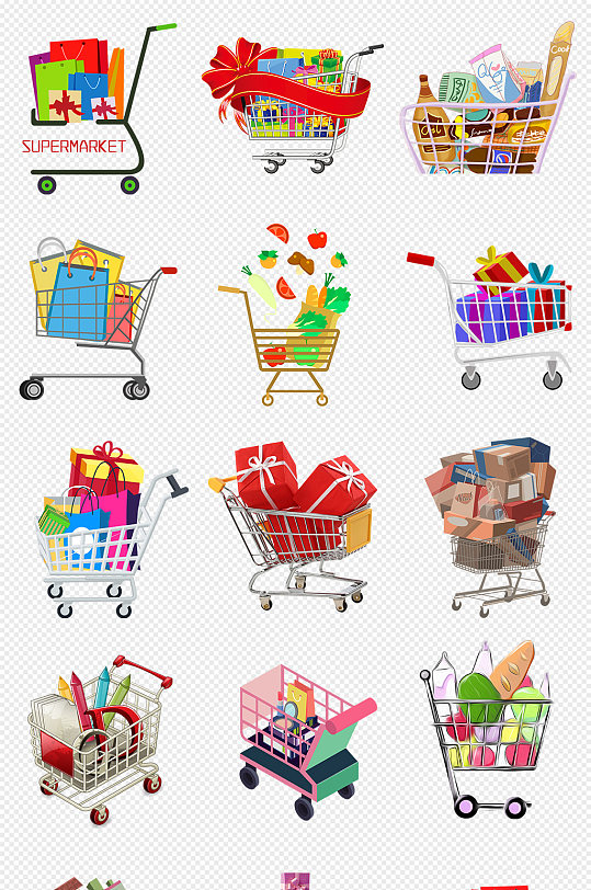 卡通装满商品的购物车png免抠素材