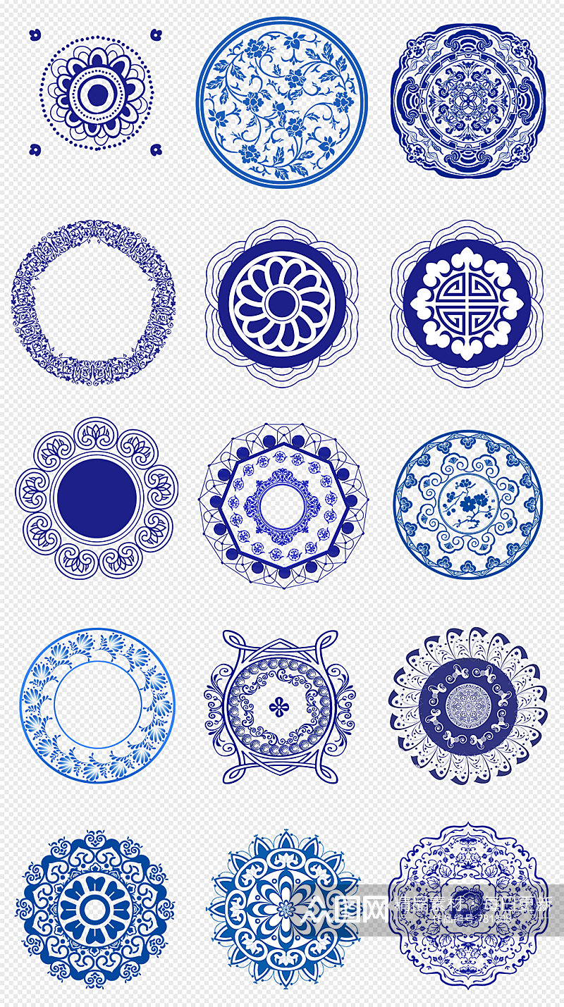 古典圆形青花瓷纹样花纹图案PNG免抠素材素材