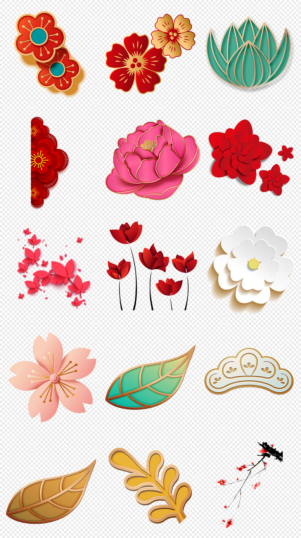 富贵立体花朵叶子荷花梅花PNG免抠素材素材