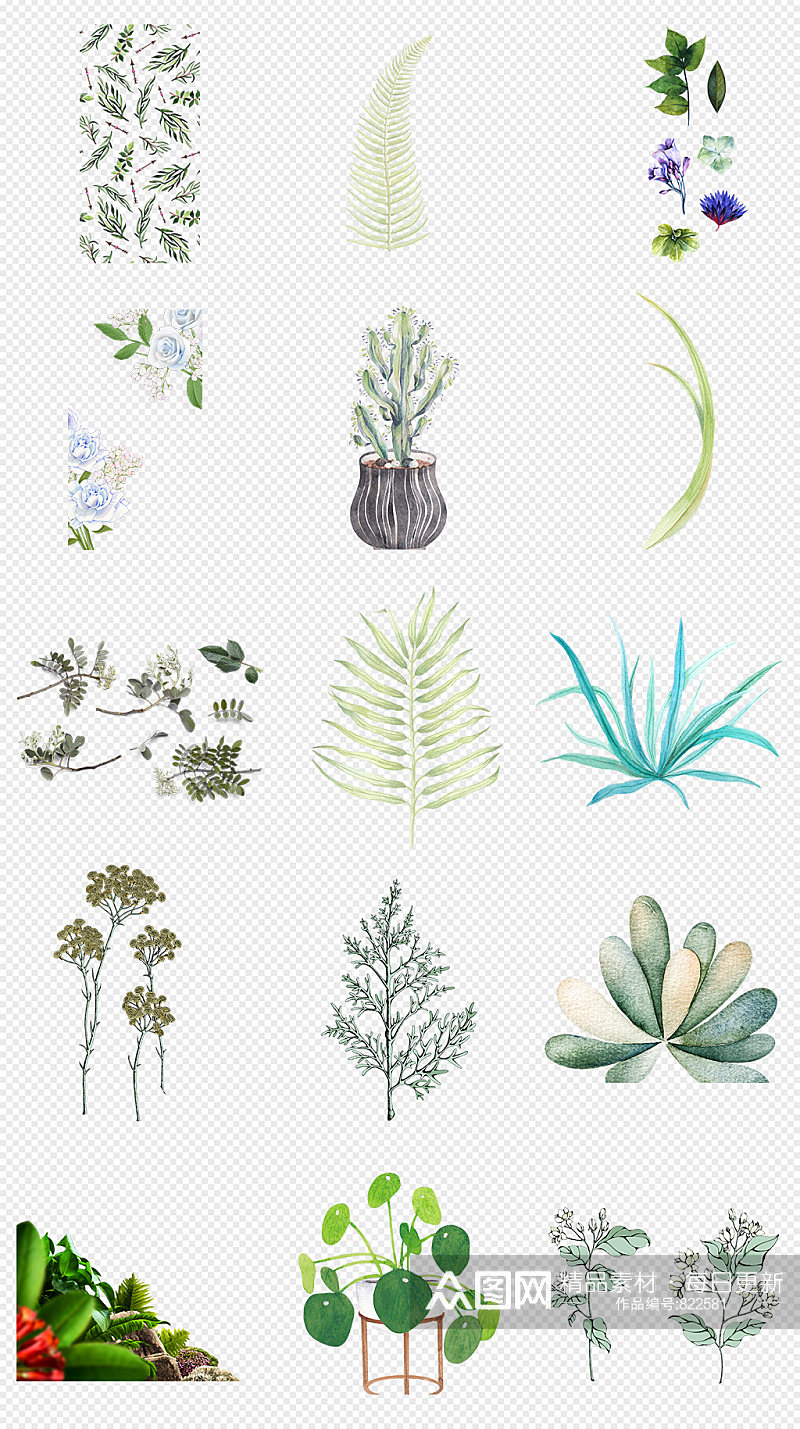 小清新淡彩绿植花卉PNG免抠素材素材
