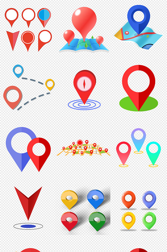 卡通彩色定位地图地标路线png免抠素材