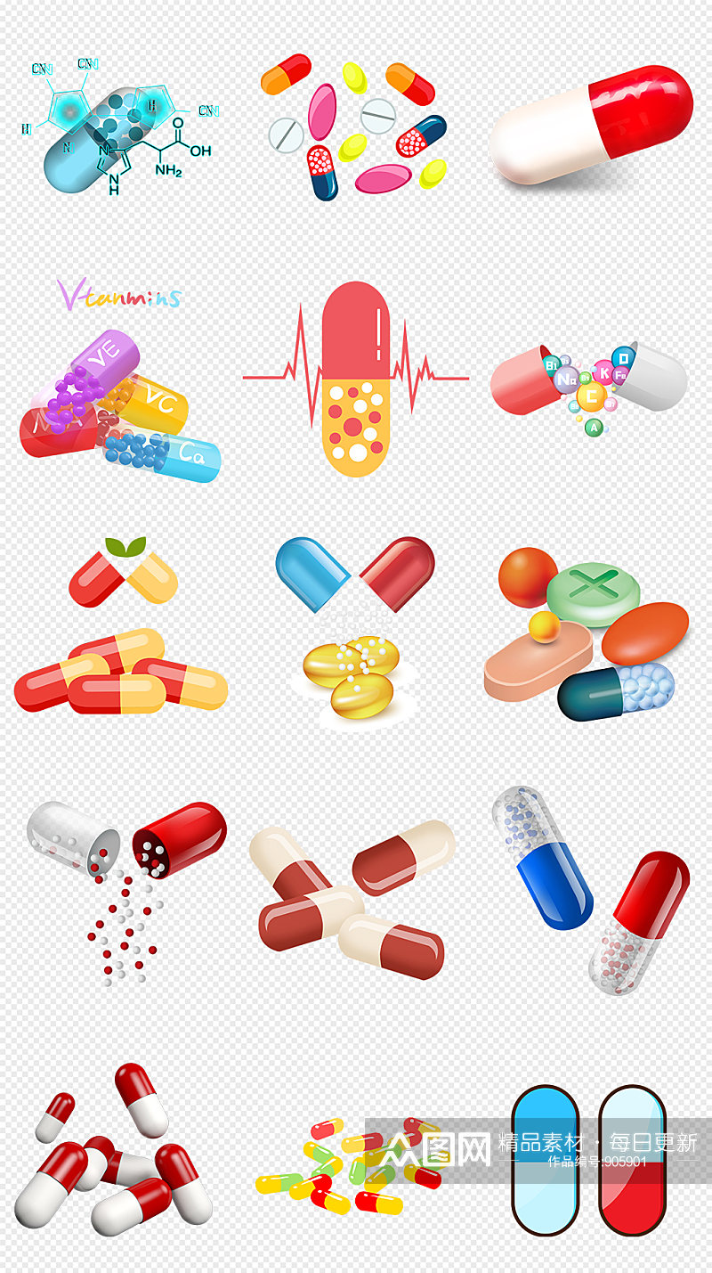 卡通胶囊药片医疗药物PNG免抠素材素材