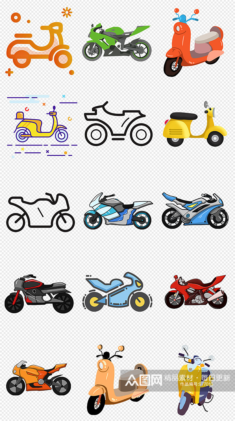 卡通手绘摩托车电动车PNG素材素材