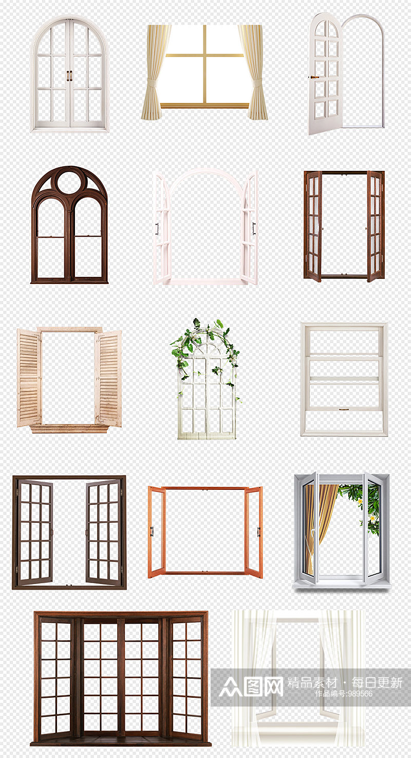 木质窗框欧式窗户PNG免抠素材素材