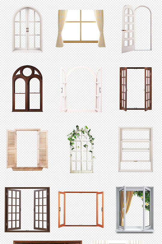 木质窗框欧式窗户PNG免抠素材