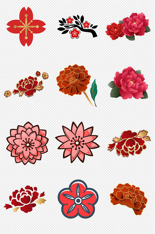 中国风红色立体花朵PNG免抠素材