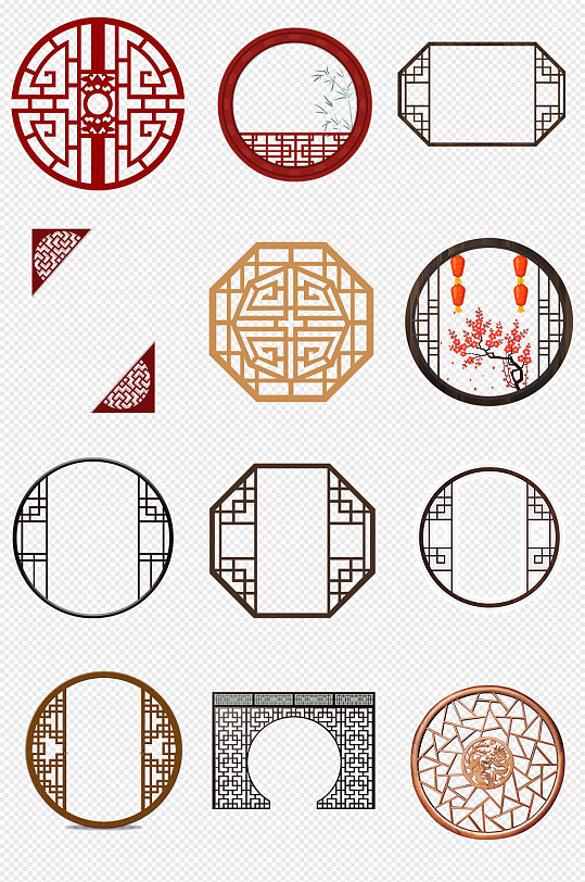 中式古风圆形窗格png免抠素材