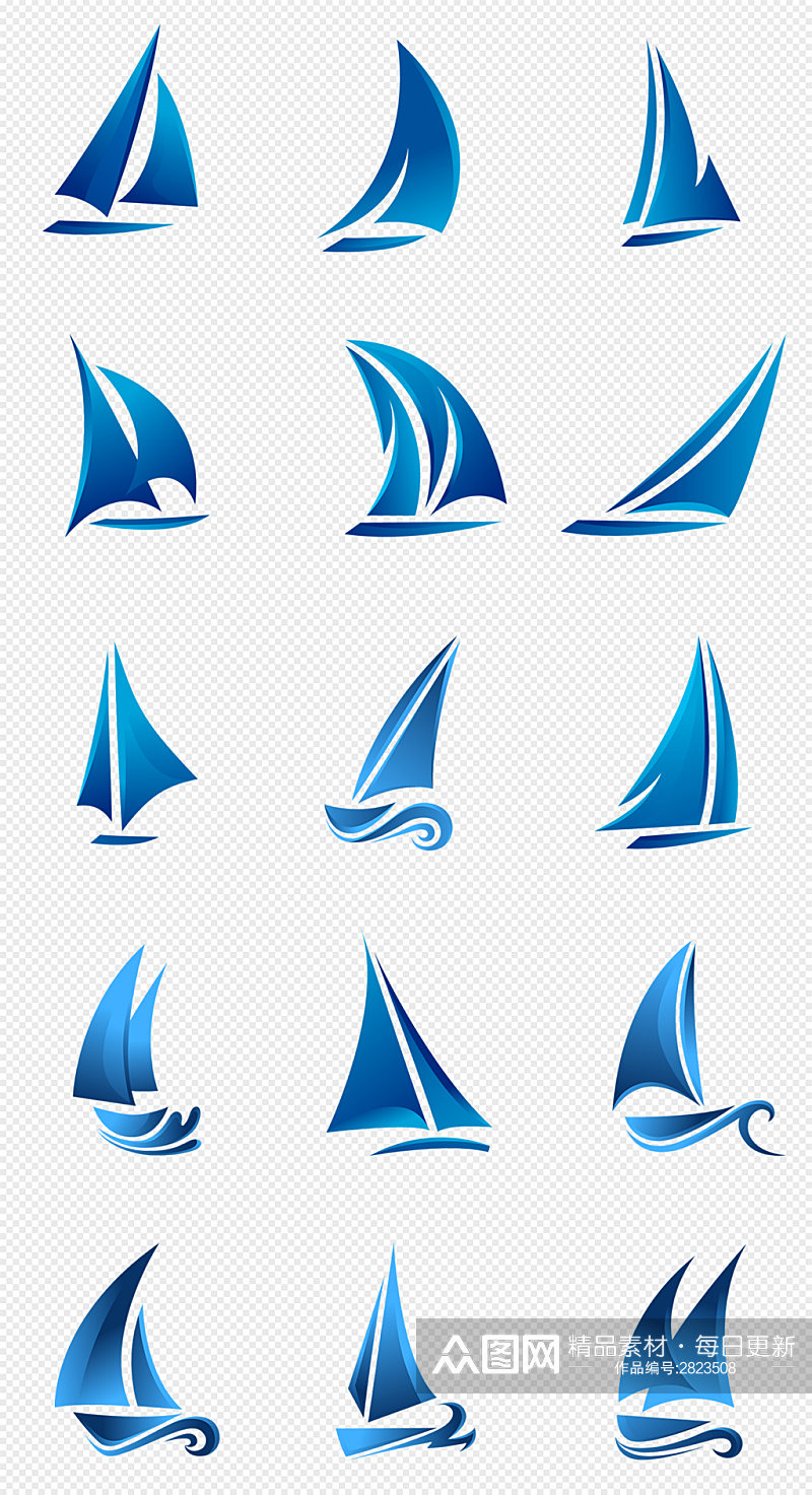 蓝色帆船图标PNG免抠素材素材