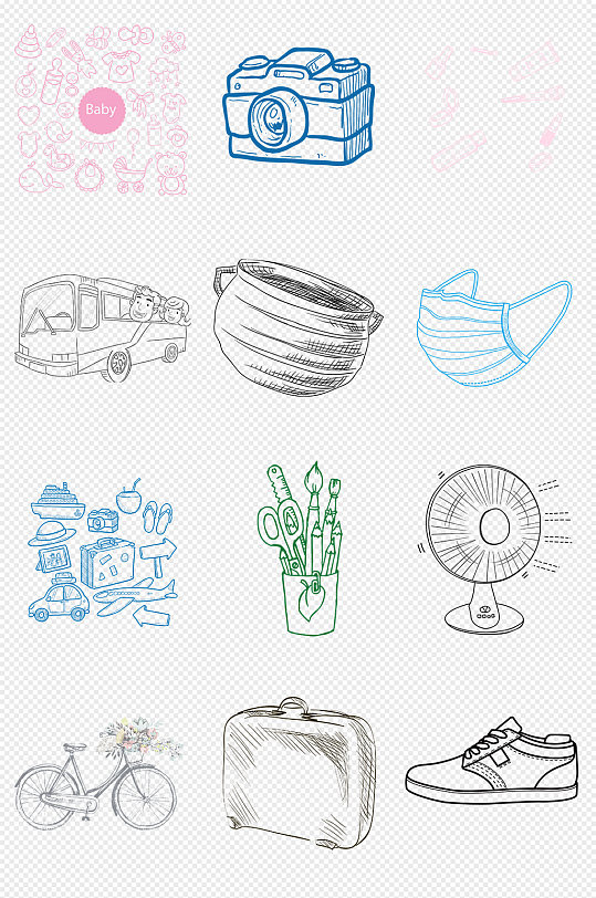 卡通线稿素描生活物品png免抠素材