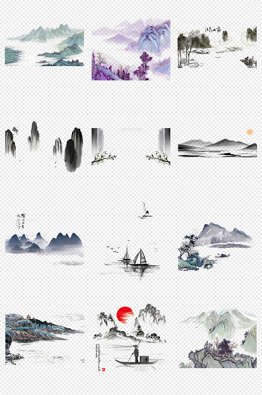 中国风手绘水墨风景山水画PNG免抠素材
