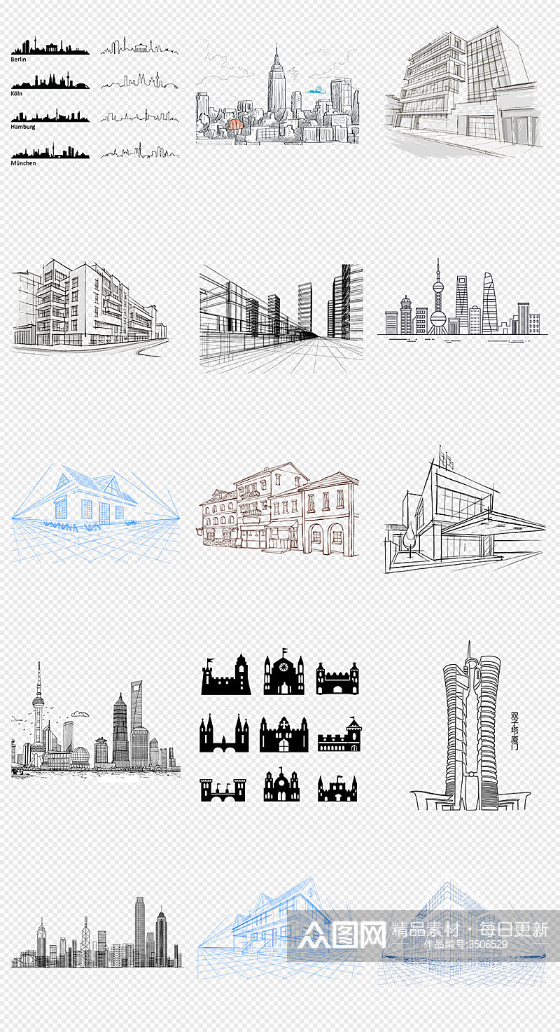 手绘线描城市房子建筑PNG免抠素材素材